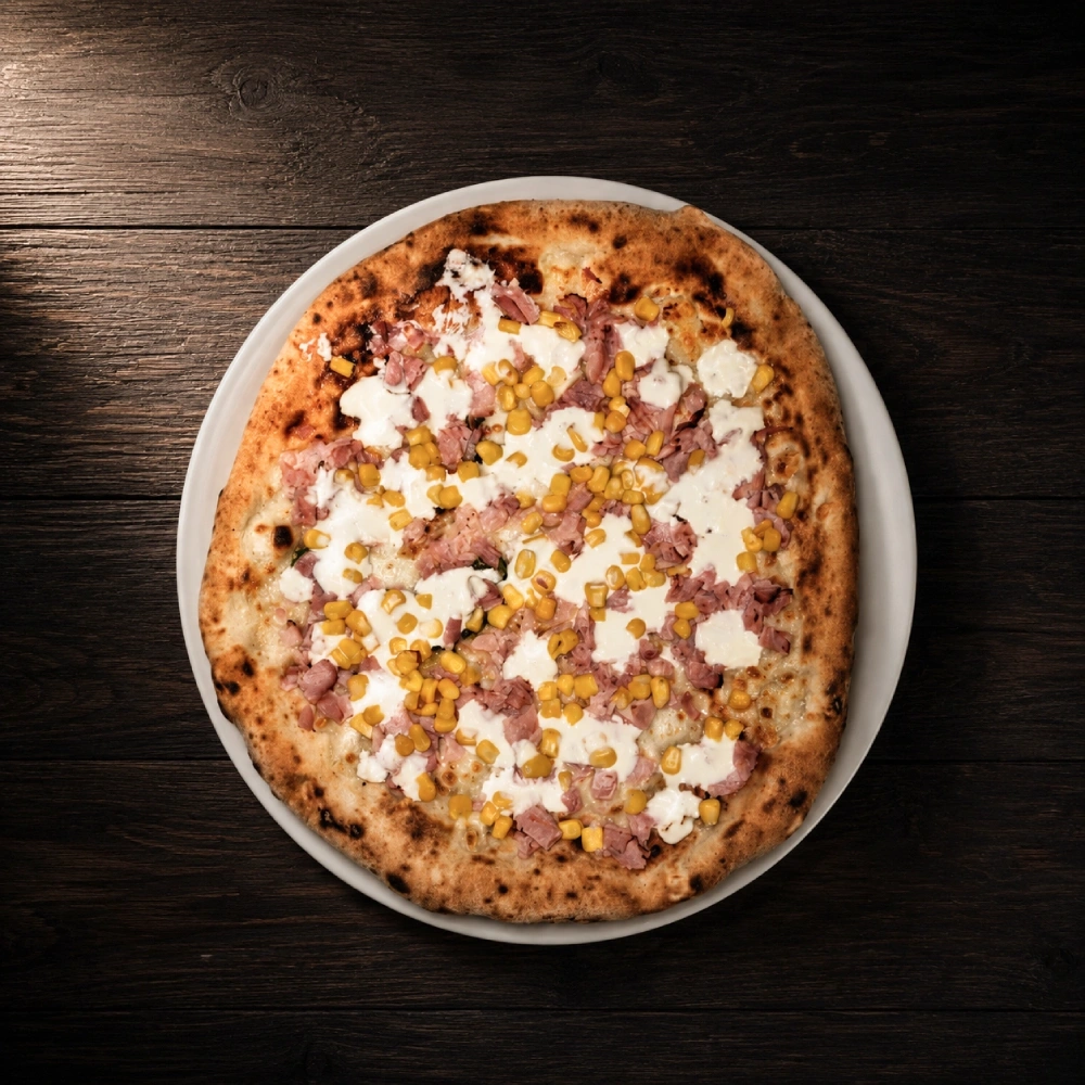 Pizza Bianca con Panna, Prosciutto Cotto e Mais